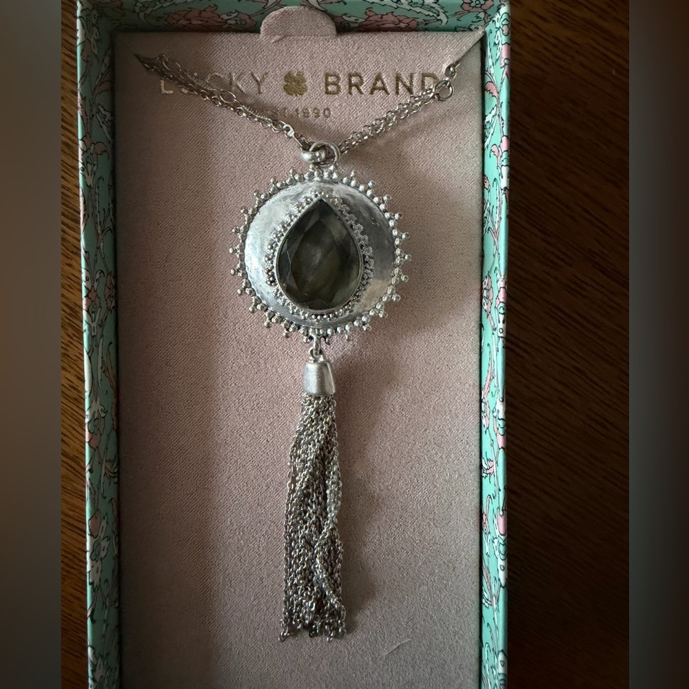Silver Tassel Reversible Pendant Necklace with Smoky Teardrop Stone